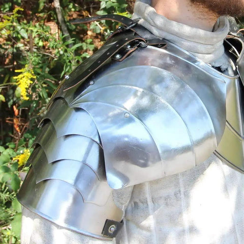 Medieval Knight Armor Set Complete With Spaulders Gorget Vambraces And Pauldrons One Size Handmade In Silver armor shoulder close-up