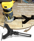 Slick Adjustable Edge Guide For Fixed Base Compact Router With Quick Swap Mount and Dual Scale Markers attached to router base.