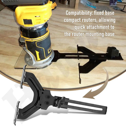 Slick Adjustable Edge Guide For Fixed Base Compact Router With Quick Swap Mount and Dual Scale Markers attached to router base.