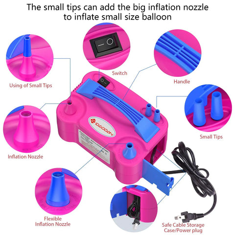 High Speed Electric Balloon Pump And Portable Balloon Blower For No Sweat Party Setup With Slick Plug And Play Action And Rock Solid Performance For Weddings Birthdays And Festivals with pink body, nozzles and switch features.