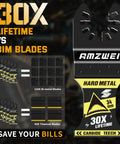 Pro Level Upgraded Carbide Oscillating Tool Blades Eight Piece Set Featuring Advanced TiCn Coating For Multi Material Cut And Scrape Tasks comparison graphic with lifetime statistics.