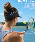 Player wearing black sun visor hat for women and men, UV protection and breathable lightweight foldable outdoor headwear for tennis.