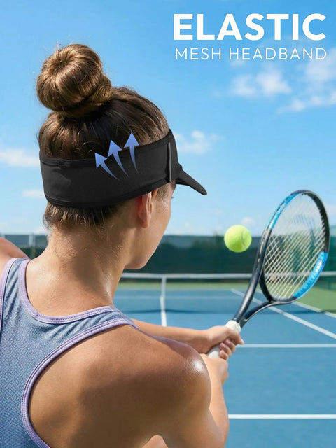 Player wearing black sun visor hat for women and men, UV protection and breathable lightweight foldable outdoor headwear for tennis.