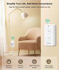 Remote Control Outlet With Two Remotes 200 Ft Long Range Wireless On Off Switch For Lamps Lights And Household Appliances 15A 1875W High Power Plug Easy Plug And Play ETL FCC Listed, shown on wall near armchair and lamp