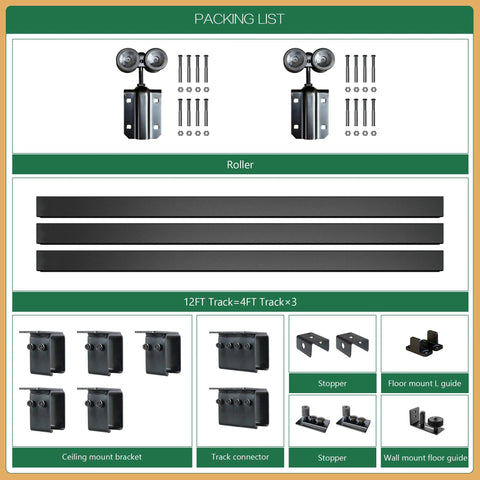 12Ft Black Sliding Barn Door Hardware Kit For Exterior Box Track Low Ceiling, three 4ft rails, ceiling brackets, and connectors