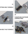 Cam Lock Fasteners Connector Set Including 32 Plastic Dowels, 24 Cam Bolts, And 24 Nuts For Cabinet And Wardrobe Assembly