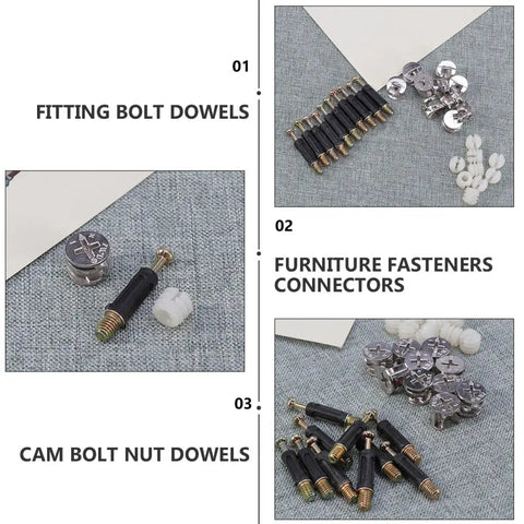 Cam Lock Fasteners Connector Set Including 32 Plastic Dowels, 24 Cam Bolts, And 24 Nuts For Cabinet And Wardrobe Assembly