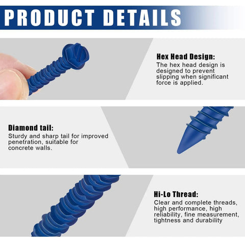 200-Piece Pro Grade Heavy Duty Set Of 1/4 By 1-3/4 Inch Hex Head Concrete Screws With Two 3/16 Inch Drill Bits Blue Slotted Masonry Anchors