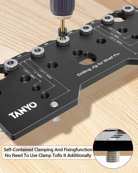 Precision 7 Hole Shelf Pin Jig And Woodworking Drill Guide for Bang On Point Cabinet Hardware setup and clamping tool in action.