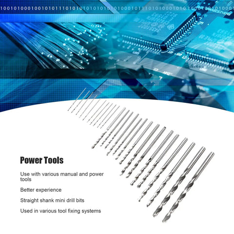 Micro Twist Drill Bit Set 25Pcs HSS Straight Shank Mini Drill Bits 0.5 to 3 Millimeters arranged on blue tech background