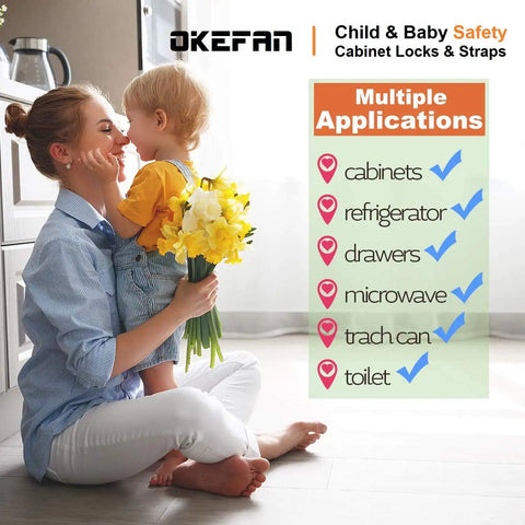 Mother with child beside product benefits list for 12 Pack Adhesive Baby Proof Cabinet Locks For Drawers Cabinets Dishwashers Fridges And Ovens No Drill Easy Install Kidproof Safety Straps White That Keep Curious Toddlers Safe And Cabinets Closed