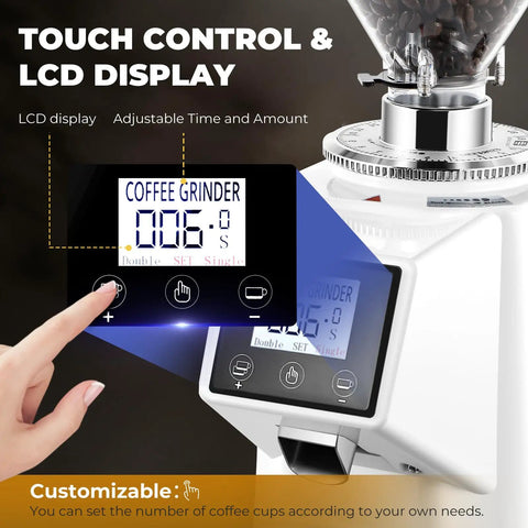 Premium 64Mm Commercial Electric Coffee Grinder With Stainless Steel Flat Burrs And Smart Touchscreen Setup with LCD display.