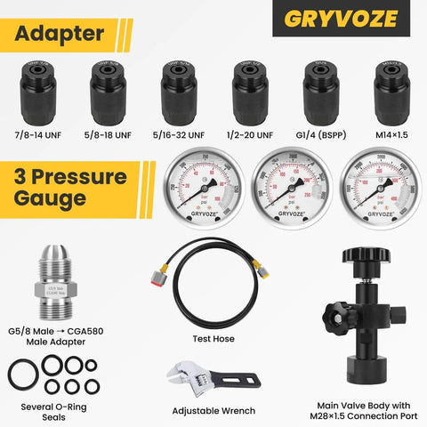 Upgraded Hydraulic Nitrogen Accumulator Charging Kit With Pressure Test And Fill System, Pro Grade Gas Charge Tools With 3 Gauges, 7 Flat Cut Adapters, G5/8 To CGA580 Stainless Steel Adapter