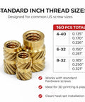 Heat Set Brass Threaded Inserts for Plastic Kit, 160Pcs, 4-40 6-32 8-32 Inch, product details and specifications chart.