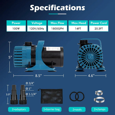 1800 GPH Submersible Pond Pump With 14 Ft Lift And 180 Degree Rotatable Outlet, 100W specs displayed with accessories