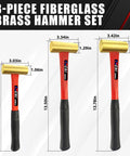 3-Piece Non-Sparking Brass Hammer Set With Jacketed Fiberglass Handles, Includes 16 Oz 24 Oz And 32 Oz Hammers, Non-Marring Surface Safe For Auto Work And Delicate Metal Finishing, Built Tough For Pros with dimensions labeled.
