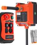 Front view of orange wireless overhead crane remote kit with handheld transmitter and receiver module; gloves.
