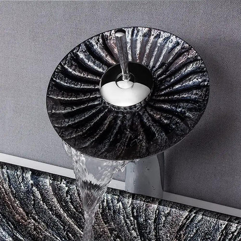 Killer 12Mm Thick Tempered Glass Vessel Sink For Countertop Vanity Basin With 360 Swivel Waterfall Faucet hot and cold water flow.