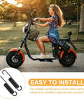 Woman riding scooter with Two Pack Mini Bike Kickstand Springs 10cm Universal Replacement Side Kickstand Springs inset below.