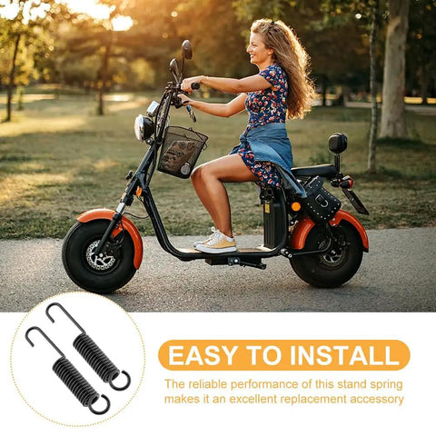 Woman riding scooter with Two Pack Mini Bike Kickstand Springs 10cm Universal Replacement Side Kickstand Springs inset below.