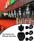 4 Pack UF1 Nozzle And Diffuser Assembly For Carbonation Boost In Beverage Makers Quick Response Nozzle Set For Home Soda Systems Matte Black Finish Elevates Syrup And Carbonated Water Mixing For Rich Flavor And Bubbles. UF-1 nozzle and diffuser assembly, matte black ABS, shown with soda fountain dispenser