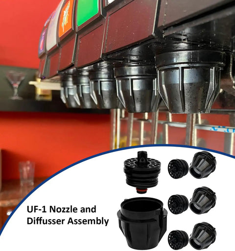 4 Pack UF1 Nozzle And Diffuser Assembly For Carbonation Boost In Beverage Makers Quick Response Nozzle Set For Home Soda Systems Matte Black Finish Elevates Syrup And Carbonated Water Mixing For Rich Flavor And Bubbles. UF-1 nozzle and diffuser assembly, matte black ABS, shown with soda fountain dispenser