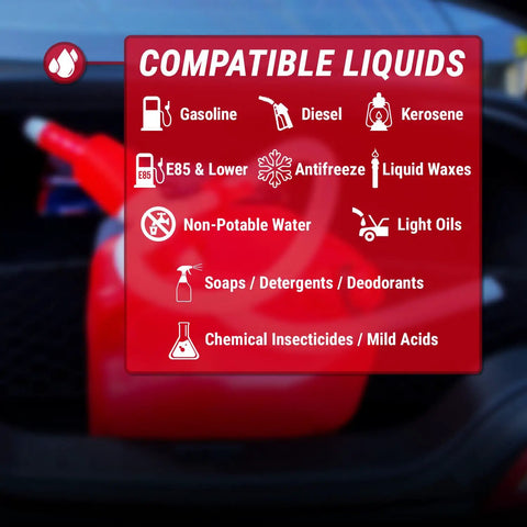 Manual Portable Fuel Transfer Pump Siphon Kit With One Hand Pump Up To Three Point Two GPM Flow Built In Hose Clip Adjustable Air Vent Cap For Slower Or Faster Flow Great For Gas Diesel And Other Fluids 1 Pack, compatible liquids chart