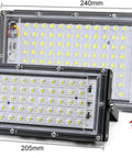 JUDYSSY Security Lights Outdoor Led Floodlight Waterproof Ip65 Led Reflector L, 100W and 50W models with dimensions displayed.