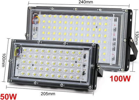 JUDYSSY Security Lights Outdoor Led Floodlight Waterproof Ip65 Led Reflector L, 100W and 50W models with dimensions displayed.