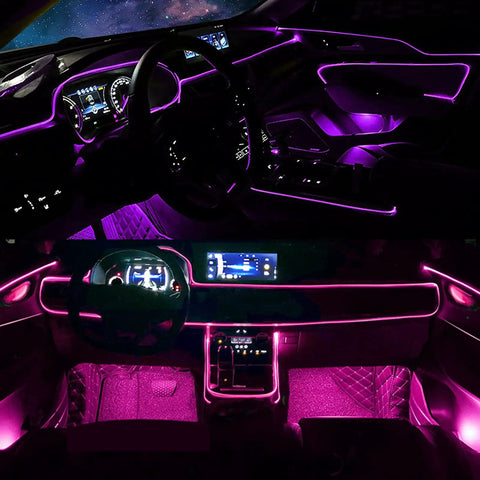 Car interior with purple glow from RGB Car Interior Lighting Kit With Fiber Optic 6 In 1 Ambient Light 315 Inches Integrated Fiber Optic 16 Million Colors Wireless App And Remote Control Sync To Music For A Customizable Immersive Driving Experience.