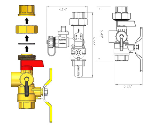 Illustration of 3/4-Inch IPS Lead Free Isolator For Tankless Water Heaters Kit with Full Port Brass Ball Valves and dimensions.