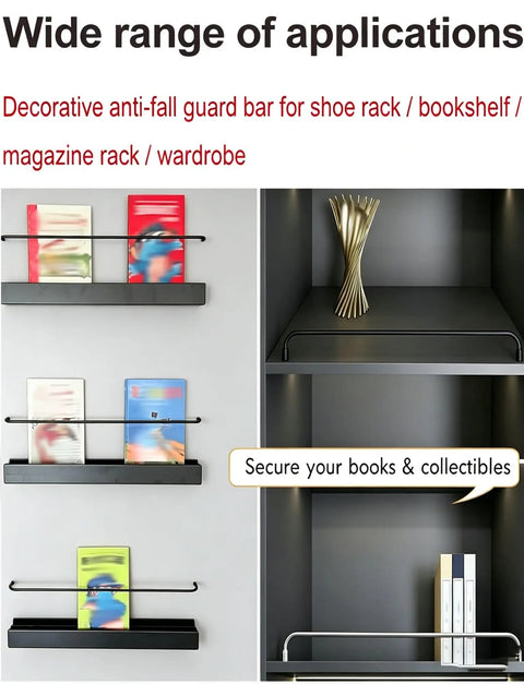 5 Pack 32 Inch Aluminum Gallery Rails With Mounting Brackets, built tough shelf guards securing books on a black shelf.