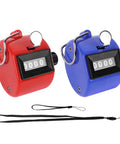 Heavy Duty 2 Pack Metal Clicker Counter With 4 Digit Mechanical Hand Tally Display Battery Free Operation in red and blue colors.