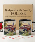 Vintage Americana 11oz Ceramic Coffee Mug With Red Pickup Truck And American Flag Illustration, Rustic Farmhouse Style Cup
