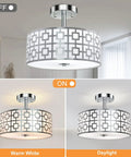 Three Light Flush Mount Ceiling Light In Brushed Nickel With A Modern Drum Design And Double Shade Silver Kitchen Dining Room Fixture showcasing different light settings.