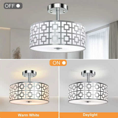 Three Light Flush Mount Ceiling Light In Brushed Nickel With A Modern Drum Design And Double Shade Silver Kitchen Dining Room Fixture showcasing different light settings.