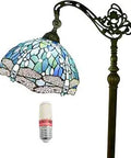 Sea Blue Dragonfly Tiffany Floor Lamp With Stained Glass Shade, Arched Gooseneck Corner Standing Lamp, LED bulb included