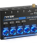 Four Channel Stereo Line Mixer For Studio Stage And Rehearsal Setups Compact USB C Powered Audio Mixer With Independent Channel Levels Mono To Stereo Switch TS And TRS Line Inputs Low Noise Performance.