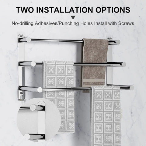 Retractable 17 To 31 Inch Towel Rack With Hooks Three Tier Wall Mount Shelf Bar In SUS304 Stainless Steel No Drill Adhesive