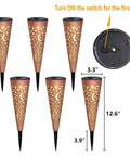 Moon Star Solar Garden Stake Lights Outdoor Waterproof Copper Finish with dimensions, set of six, showing on/off switch.