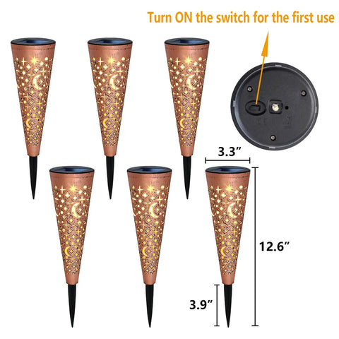 Moon Star Solar Garden Stake Lights Outdoor Waterproof Copper Finish with dimensions, set of six, showing on/off switch.