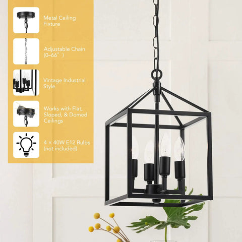 Black Farmhouse Chandelier 4 Light Industrial Lantern Chandelier Metal Frame Rustic Cage Pendant Light Fixture displayed with chain and bulbs