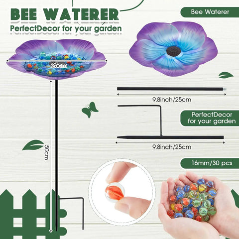 Vivid Flower Bee Watering Station With Metal Butterfly Water Feeder Cup And 30 Glass Marbles For Snazzy Garden And Outdoor Yard Decor Blue Purple Flower Theme, product dimensions and marble detail, 25cm width, 9.8 inch height.