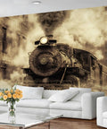 Retro Steam Train Wall Mural for Living Room and Bedroom Featuring an Old Locomotive on the Rails in HD Silk Cloth Classic Steam Engine Wall Art 197 Inches Wide by 118.2 Inches High Not Peel and Stick