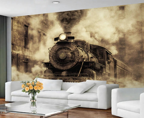 Retro Steam Train Wall Mural for Living Room and Bedroom Featuring an Old Locomotive on the Rails in HD Silk Cloth Classic Steam Engine Wall Art 197 Inches Wide by 118.2 Inches High Not Peel and Stick