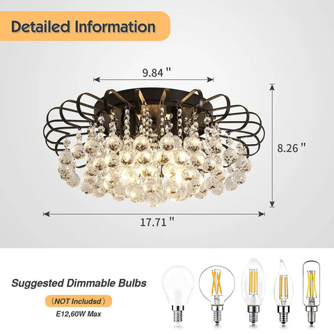 Dope Black Crystal Floral Chandelier 4 Light Fixture Dimmable Flush Mount Ceiling Light With Raindrop Crystals, dimensions shown