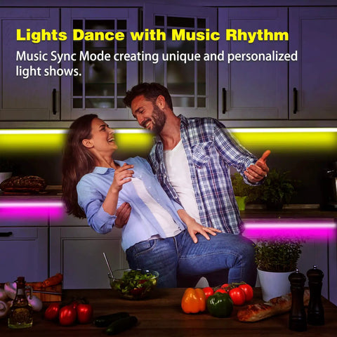 Couple enjoying 100Ft Smart WiFi LED Strip Lights With Voice Control For Bedroom And Living Room, Music Sync Color Changing.