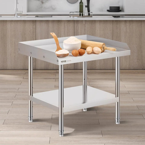 Stainless Steel Grill Stand Table 24 By 28 By 26 Inches With Adjustable Undershelf in a kitchen setting, commercial grade.