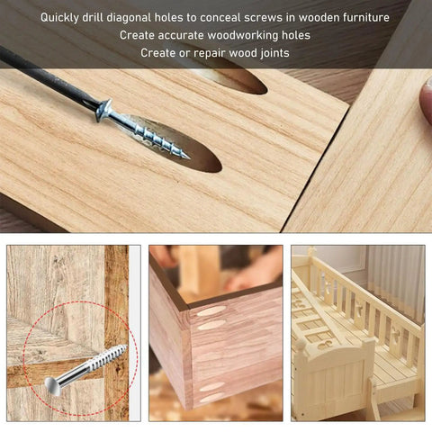 Mini Pocket Hole Jig Kit Set for Woodworking, Dowel Joint Tool in action on wooden plank with concealed fastener