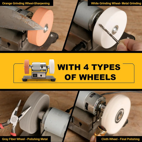 Compact Electric Mini Bench Grinder And Jewelry Buffer Polisher with orange and white grinding wheels for sharpening and polishing.